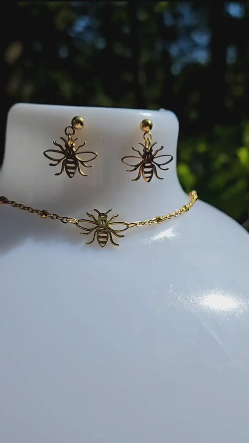 18K Gold Bee Charm Jewelry Set, Laser Cut Honeybee Necklace and Earring Set, Tarnish Resistant Waterproof Dainty Bee Jewelry, Gift for Her
