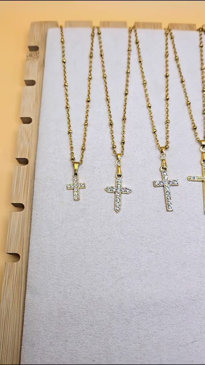 18k Gold Plated Stainless Steel Cross Necklace • Cubic Zirconia Crucifix • Waterproof Faith Jewelry