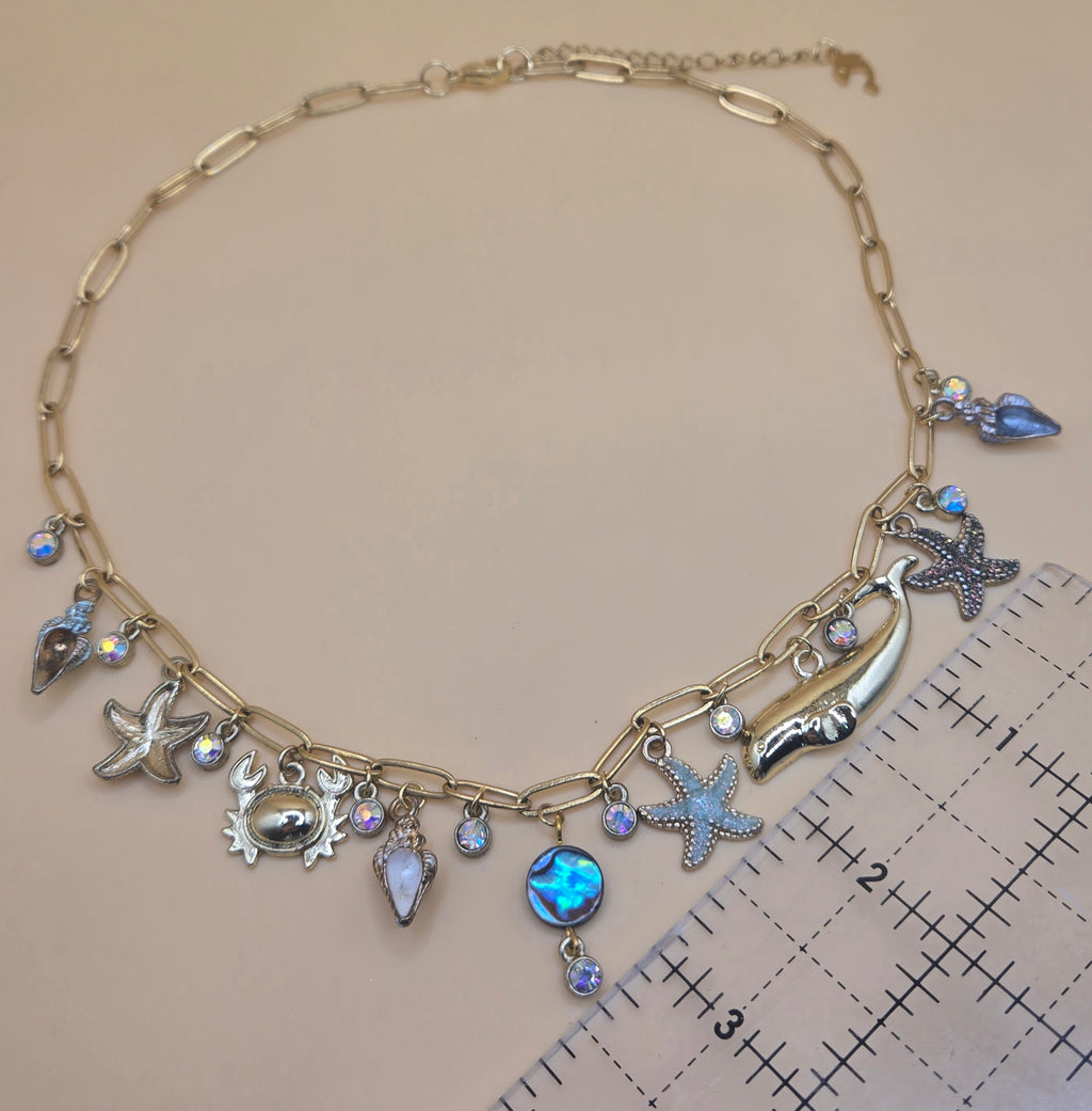 18k Beach Charm Necklace Gold Plated Stainless Steel Paperclip Chain Oceanic Necklace Mermaid Jewelry Abalone Shell and Summer Charms : One of a Kind