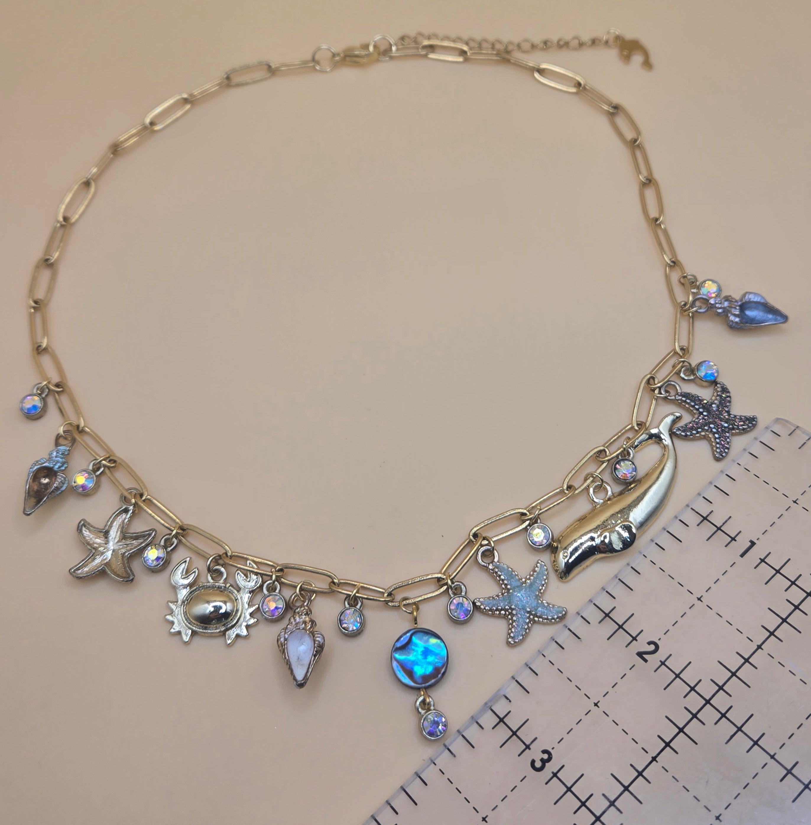 18k Beach Charm Necklace Gold Plated Stainless Steel Paperclip Chain Oceanic Necklace Mermaid Jewelry Abalone Shell and Summer Charms : One of a Kind