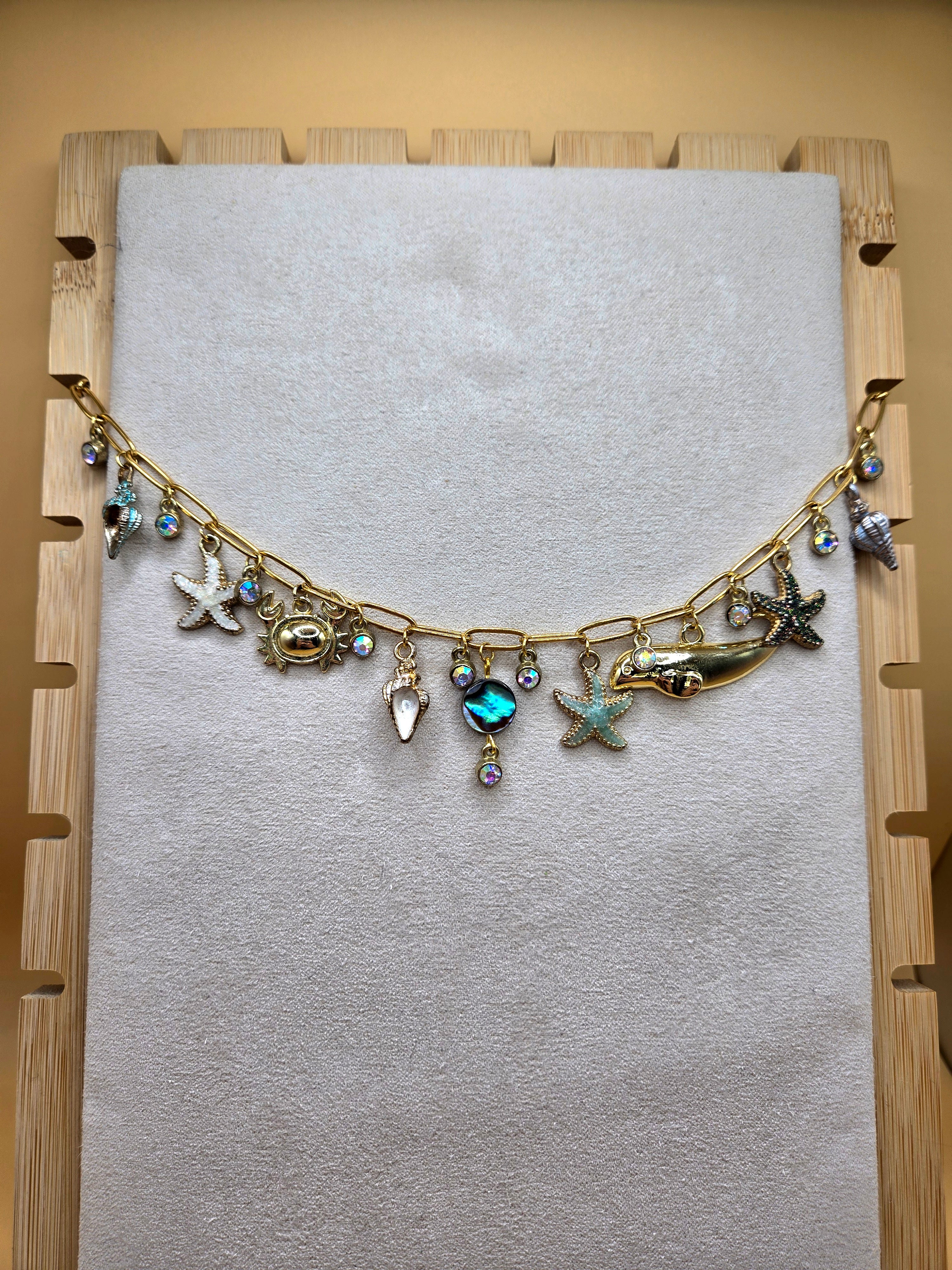 18k Beach Charm Necklace Gold Plated Stainless Steel Paperclip Chain Oceanic Necklace Mermaid Jewelry Abalone Shell and Summer Charms : One of a Kind