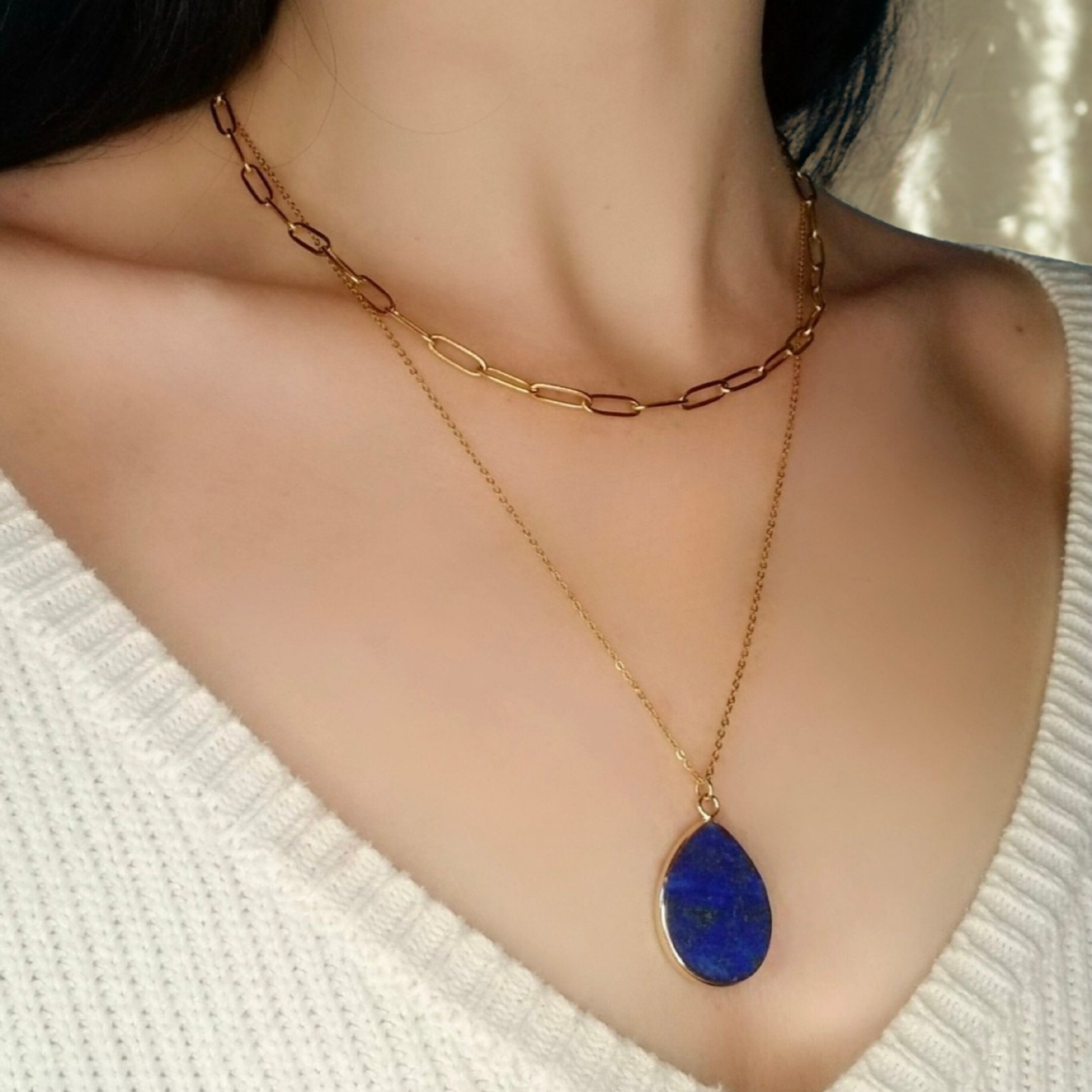 Lapis Lazuli Layered Pendant Necklace 18k Gold Plated | Paperclip Chain | Handcrafted Elegance | 304 Stainless Steel