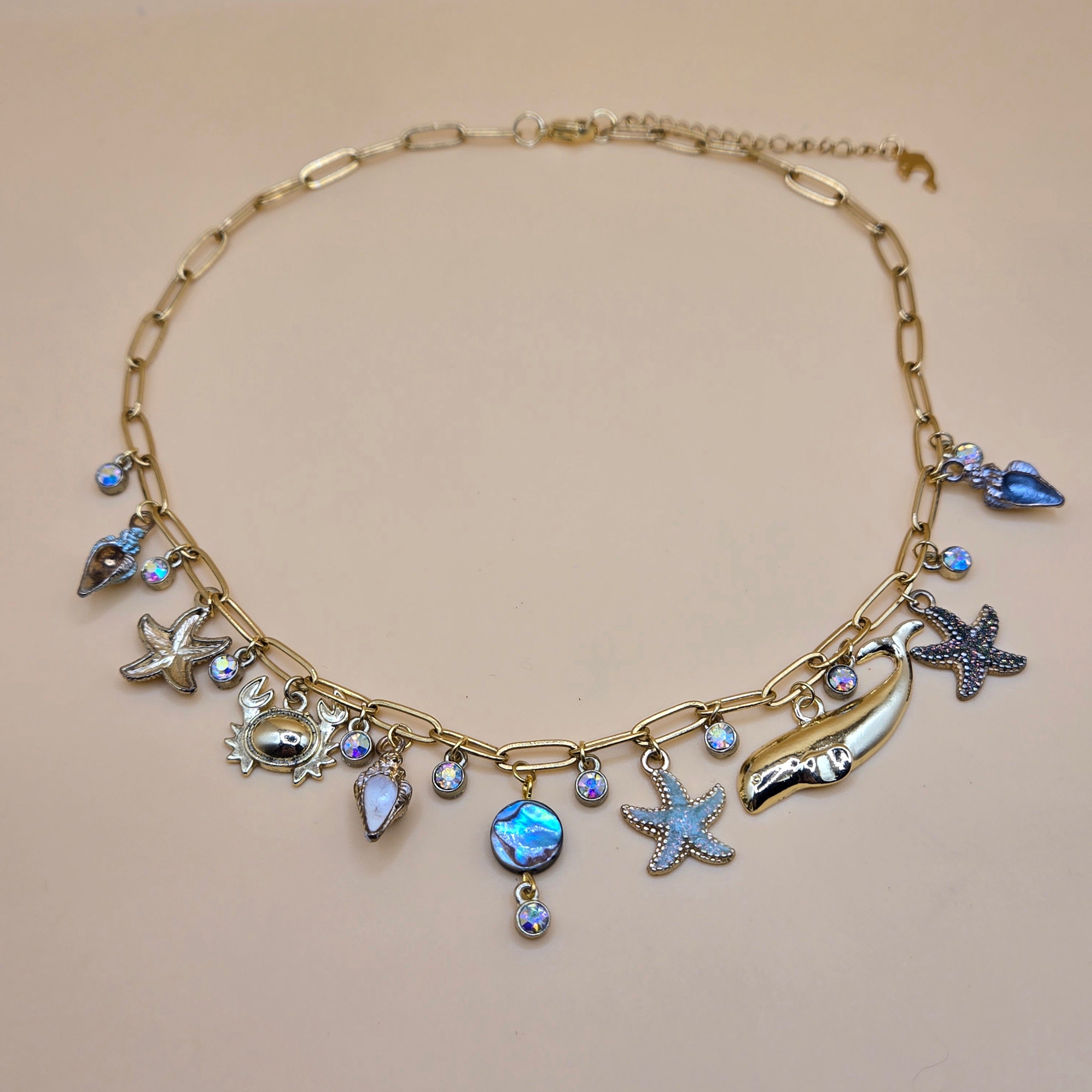 18k Beach Charm Necklace Gold Plated Stainless Steel Paperclip Chain Oceanic Necklace Mermaid Jewelry Abalone Shell and Summer Charms : One of a Kind