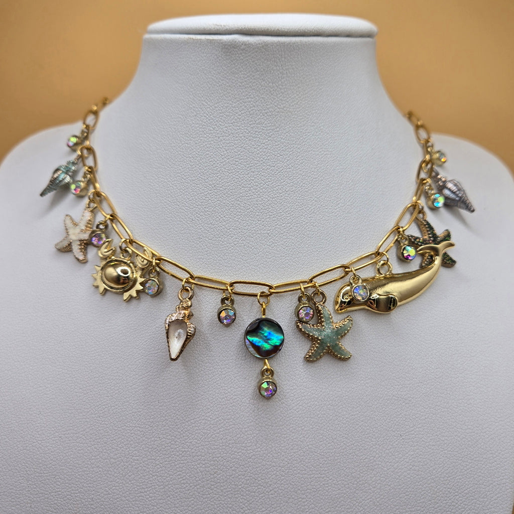 18k Beach Charm Necklace Gold Plated Stainless Steel Paperclip Chain Oceanic Necklace Mermaid Jewelry Abalone Shell and Summer Charms : One of a Kind