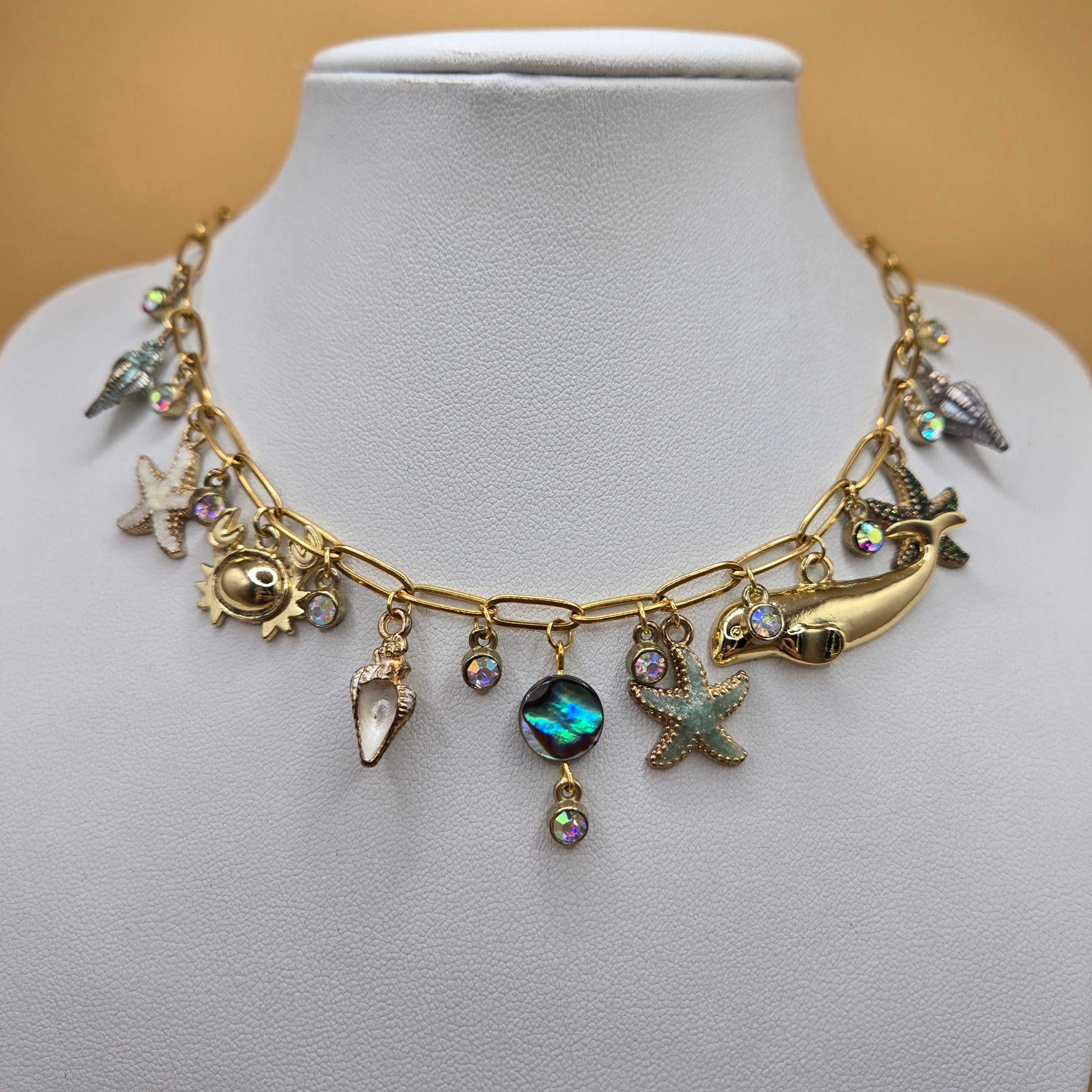 18k Beach Charm Necklace Gold Plated Stainless Steel Paperclip Chain Oceanic Necklace Mermaid Jewelry Abalone Shell and Summer Charms : One of a Kind