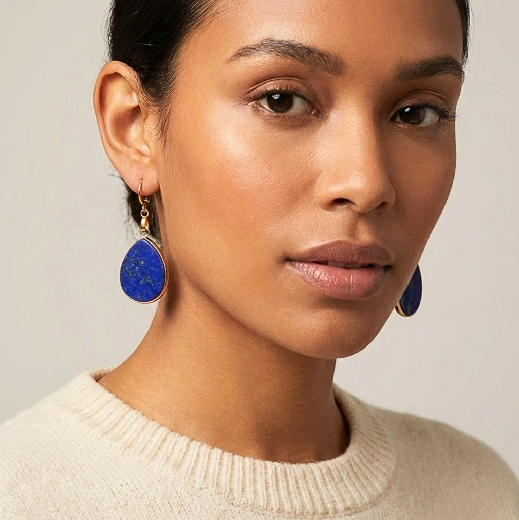 Natural Lapis Lazuli Teardrop Earrings 18k Gold Plated Huggies | Artisan Gemstone Jewelry