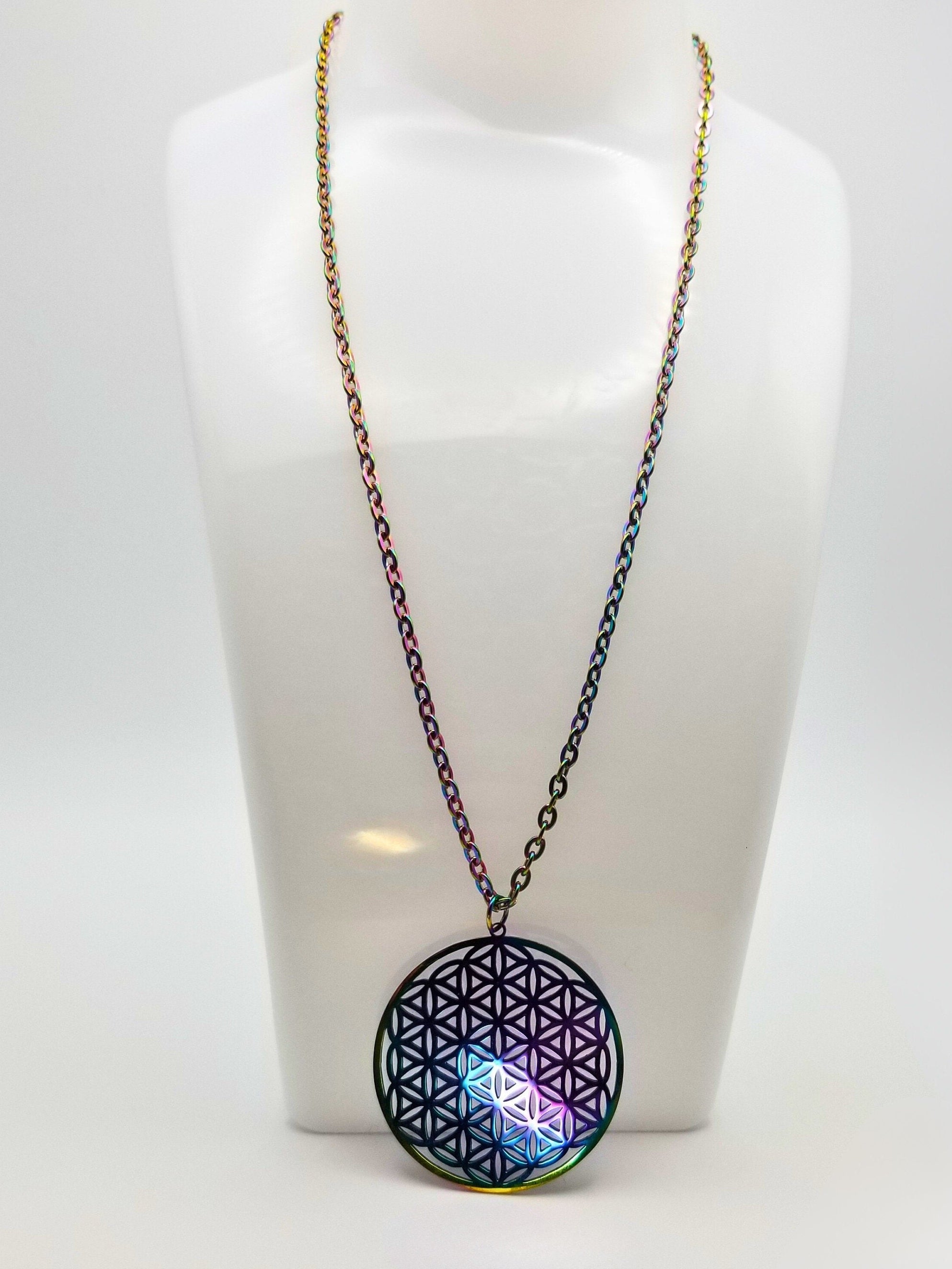 Rainbow Flower of Life Necklace | Reversible Sacred Geometry | Two Looks in One | Waterproof Artisan Jewelry