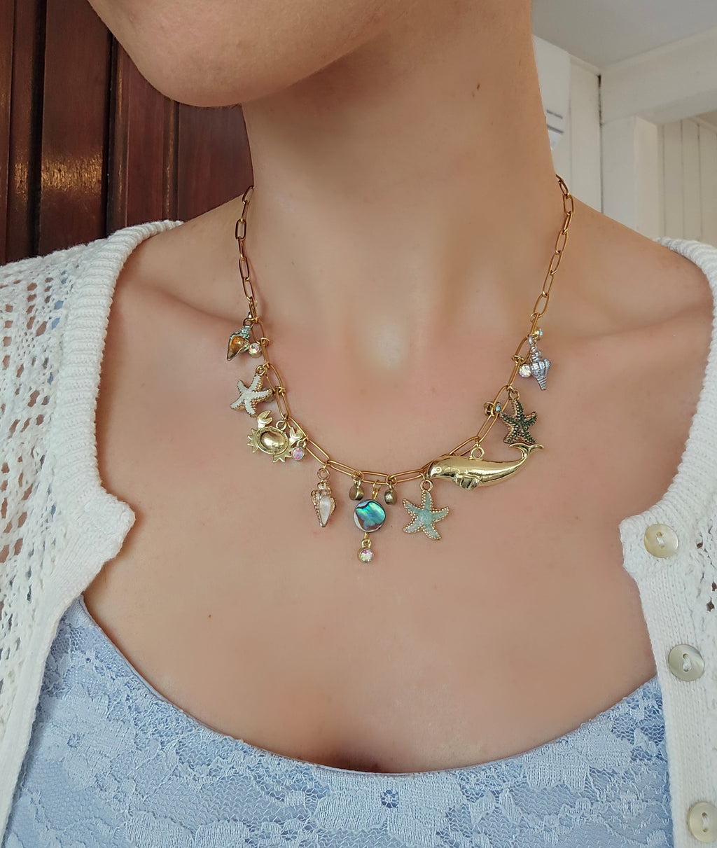 18k Beach Charm Necklace Gold Plated Stainless Steel Paperclip Chain Oceanic Necklace Mermaid Jewelry Abalone Shell and Summer Charms : One of a Kind